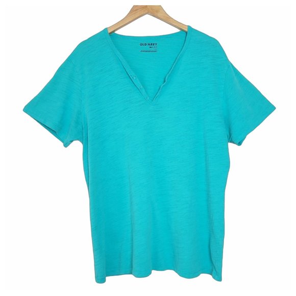 Old Navy T Shirt Teal Blue Notched V Neck 3 Button Henley Short Sleeve T Shirt - Picture 1 of 12